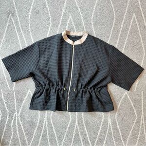 BNNour Black Cropped Cinched Waist Textured Zipper Statement Jacket